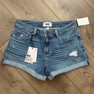 PAIGE Blue Jean Shorts with Distressed Cuffed Hem